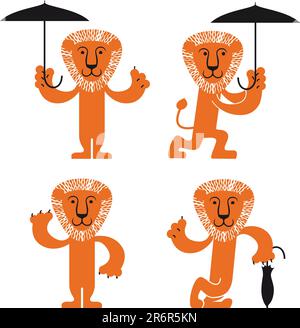 Cartoon lion with umbrella, icons set, gentleman, rainy weather Stock Vector