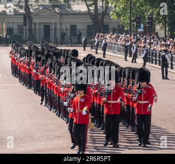 London, UK, 10 June 2023. The Colonel's Review, the final rehearsal for Trooping the Colour, takes place during the hottest day of the year so far in London with HRH The Prince of Wales attending as Regimental Colonel Welsh Guards. Stock Photo