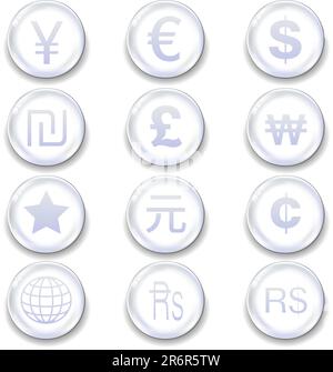 International currency icons on glass orb vector button set Stock Vector