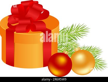 Christmas gift box with gold and red balls. Vector illustration. Stock Vector