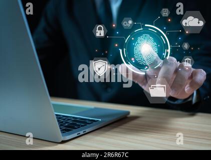 Fingerprint scanning, biometric authentication, cybersecurity and fingerprint password, future technology and cybernetic. technology against digital c Stock Photo