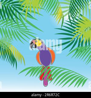 Tropical vector background with leaves of palm trees and parrot. Vector illustration. Stock Vector