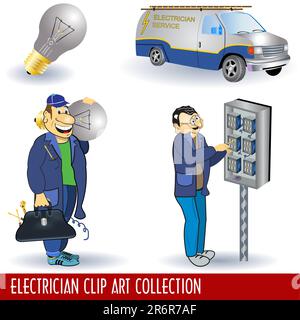 Vector illustration of two electricians in different situations, a bulb and a service  truck. Stock Vector