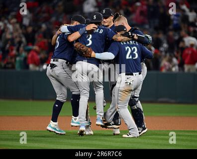 ANAHEIM, CA - JUNE 10: Seattle Mariners center fielder Julio Rodriguez (44)  raises a trident in the air after hitting a two run home run during an MLB  baseball game against the