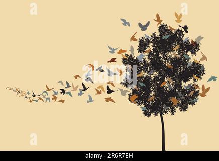 Vector silhouettes of a pigeon flock flying to a tree roost Stock Vector