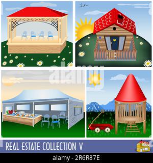 Real estate collection 5, different kind of buildings and a large tent. Stock Vector