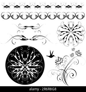set of monochrome flowery patterns and ornaments Stock Vector