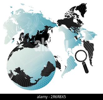 Vector illustrated background with map of the world and objects of communications and technologies Stock Vector