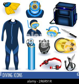 Variety of diving icons isolated on white background. Stock Vector