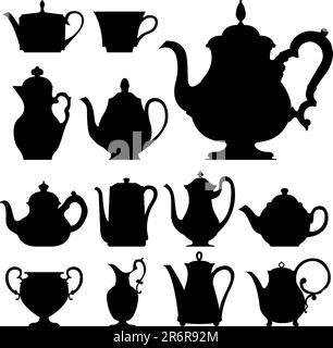 Teapots, coffeepots and fine china cups - vector silhouette set Stock Vector