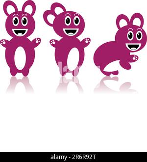 An illustrated background of three rabbits in different emotions, isolated on white background. Stock Vector