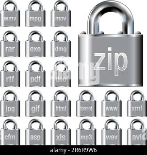 Secure text, audio, video, and document icons on lock vector buttons - suitable for desktop applications, websites, or print materials Stock Vector
