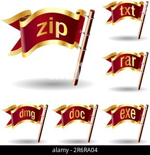Compression or archive file extension icons on royal vector flag design elements for web or print Stock Vector