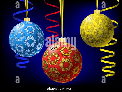 Three multicolored christmas-balls with snowflakes texture and metallic serpentine on abstract dark background. Greeting card. Vector illustration.... Stock Vector