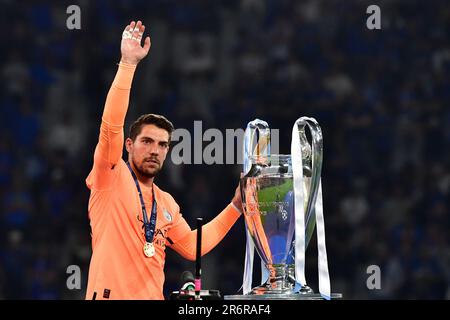 Istanbul, Turkey. 10th June, 2023. Goalkeeper Stefan Ortega of Manchester City seen with the trophy after winning the UEFA Champions League final between Manchester City and Inter at the Atatürk Stadium in Istanbul. (Photo Credit: Gonzales Photo/Alamy Live News Stock Photo