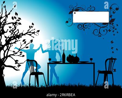 Tree silhouette, romantic dinner, couple, frame for your text Stock Vector