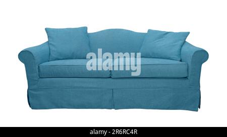 Cyan sofa with two pillows isolated on white background. Classic english style couch with upholstery cover Stock Photo