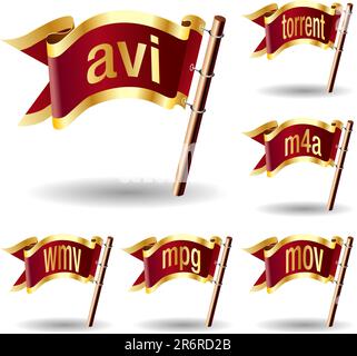 Video or movie file extension icons on royal vector flag design elements for web or print Stock Vector