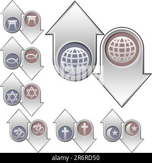World religion symbols and icons on vector up and down arrows to indicate rising and falling popularity - good for print, web, or advertising Stock Vector