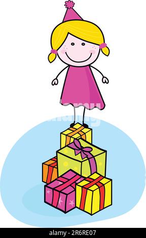Christmas or birthday party? Use my pink girl with presents in doodle style. Stock Vector