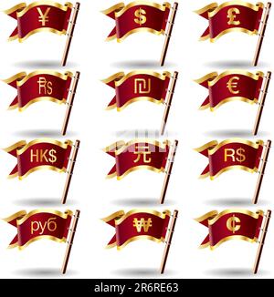 International currency icons on royal flag buttons Stock Vector