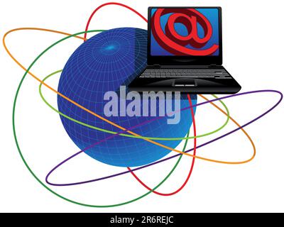 notebook with a sign on e-mail on a background of the globe with wires of the communications in a vector Stock Vector