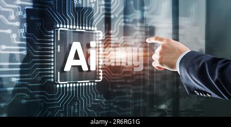 Man clicking on a virtual screen: Artificial intelligence chip. Ai chipset on circuit board. Data center background Stock Photo