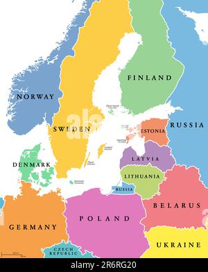 Baltic Sea area, colored countries, political map, with national borders and English names. Countries along the coast of the Baltic Sea. Stock Photo