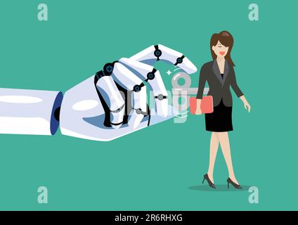 Robot hand turns on business woman with wind-up key in her back. Digital disruption concept. Vector illustration Stock Vector