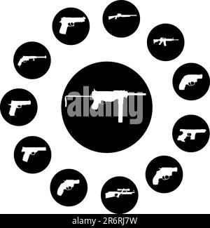 Guns. Set of 12 round vector buttons for web Stock Vector