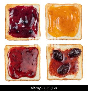 top view set of bread toasts with different types of jam isolated on white Stock Photo