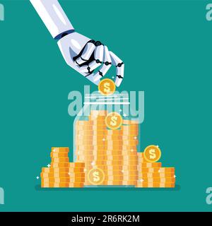 Robot hand and saving coins in glass jar. Artificial intelligence. Vector illustration Stock Vector