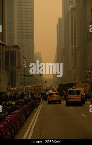 Dangerous air quality in New York City caused by Canadian wildfires. Image taken at 48th and 6th Avenue, June 7, 2023. Stock Photo