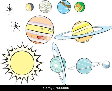 Stars, Plants and Sun in Retro Style to be arranged as you like. Stock Vector