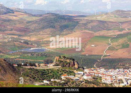 Ardales, Malaga Province, Andalusia, southern Spain.  The rock behind the village has been fortified perhaps as far back as the Romans.  Mozarabic reb Stock Photo