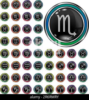 Psychedelic astrology, zodiac, and horoscope icons on round vector web buttons Stock Vector