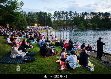 Brno, Czech Republic. 10th June, 2023. Spectators at the Ignis Brunensis fireworks festival over the Brno Dam, Brno, Czech Republic, on June 10, 2023. Credit: Patrik Uhlir/CTK Photo/Alamy Live News Stock Photo