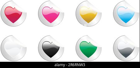 Set of 8 round colored hearts stickers, no transparencies Stock Vector