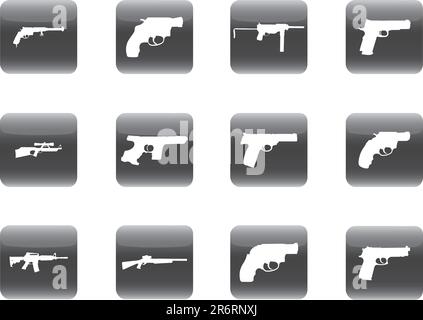Guns. Set of 12 round vector buttons for web Stock Vector