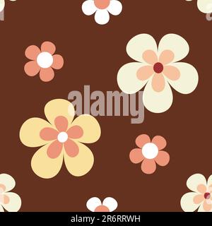Retro flowers in bright yellow, orange and white on dark red brown background that will tile seamlessly. 7 global colours. Stock Vector