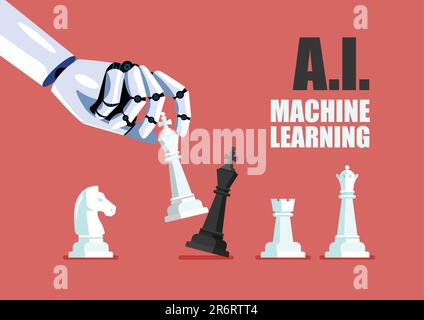 AI Machine Learning. Robot hand use white king checkmate the black king. Concept of machine learning. Artificial Intelligence. Vector illustration Stock Vector