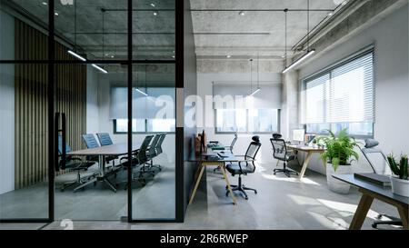 Modern office interior with exposed concrete ceiling and floor. 3d ...