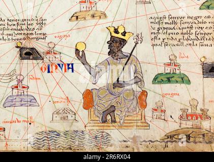 Mansa Musa (1280-1337), ninth ruler of the Mali Empire (circa 1312-1337), sitting on a throne and holding a gold coin, map by Abraham Cresques, 1375 Stock Photo