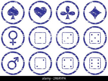 Games icons set. Grunge. White - dark blue palette. Vector illustration. Stock Vector