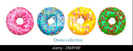 Assorted donuts with colorful icing. Isolated on white background. Stock Photo