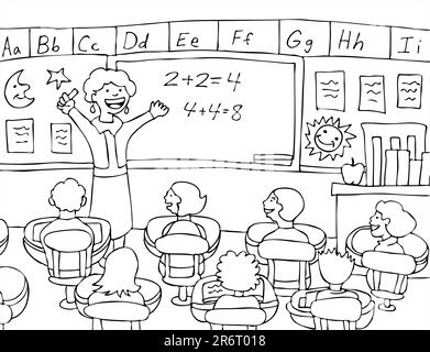 Female teacher gives a lecture to her elementary class on basic math in the classroom - black and white. Stock Vector