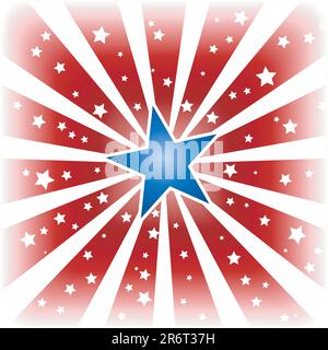 USA, 4th of july red white star burst with shiny blue centre star and little white stars in the red areas. Use of a background blend, global colors. Stock Vector