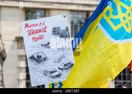 Whitehall, Westminster, London, UK. 11th Jun, 2023. A protest is taking place in Whitehall opposite Downing Street against the actions of Russia in Ukraine, with references to missing children and the breaching of the dam in Kherson. Stock Photo