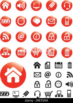 Computer icons on red buttons with NO TRANSPARENCIES, totally editable .eps shapes in Illustrator 8.  Pictures in both white and black, perfect for... Stock Vector