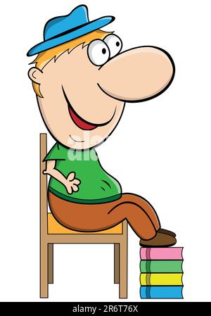 Short dwarf like guy sitting on a chair, feet resting on a pile of books for comfort. Fun cartoon character. Stock Vector